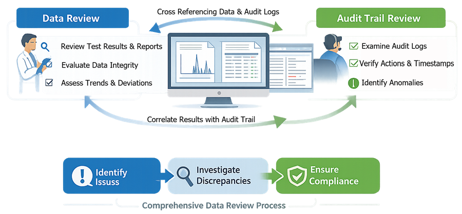 Integration of audit trail review with analytical data review and release process