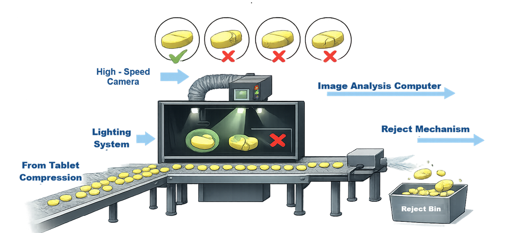 Automated tablet vision-inspection system showing controlled lighting, camera, image analysis, reject mechanism, and reject bin.