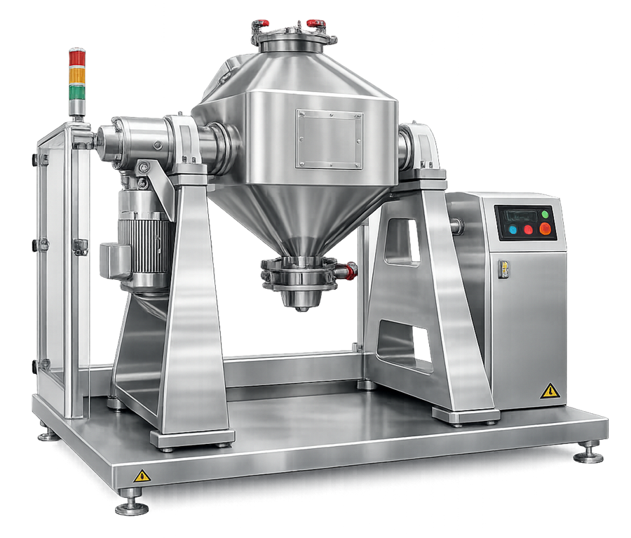 Pharmaceutical bin blender showing removable blending container, lifting frame, drive, safety guard, and control panel.
