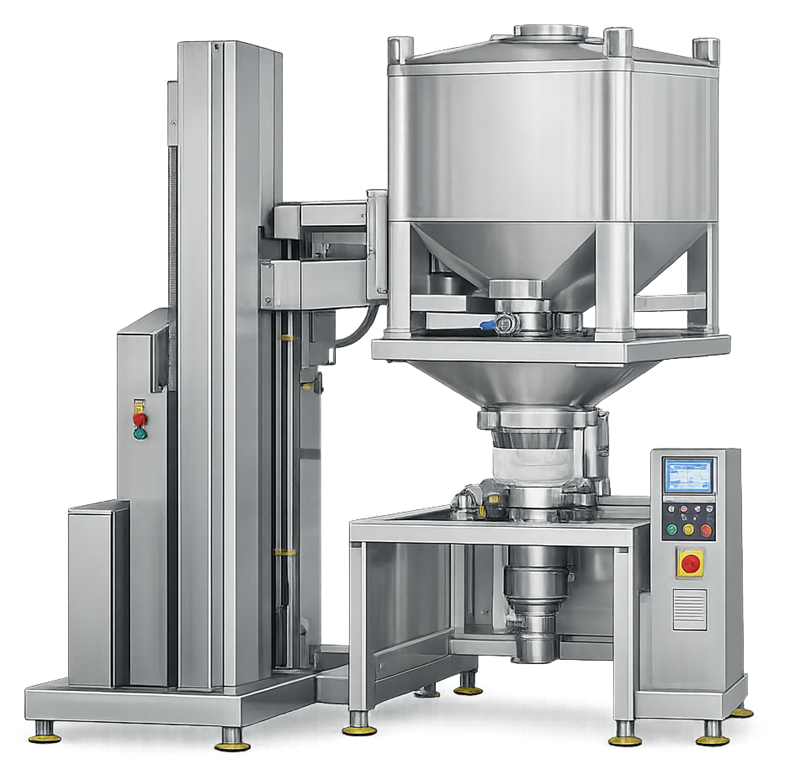 Bin lifter positioning an intermediate bulk container over downstream pharmaceutical processing equipment.