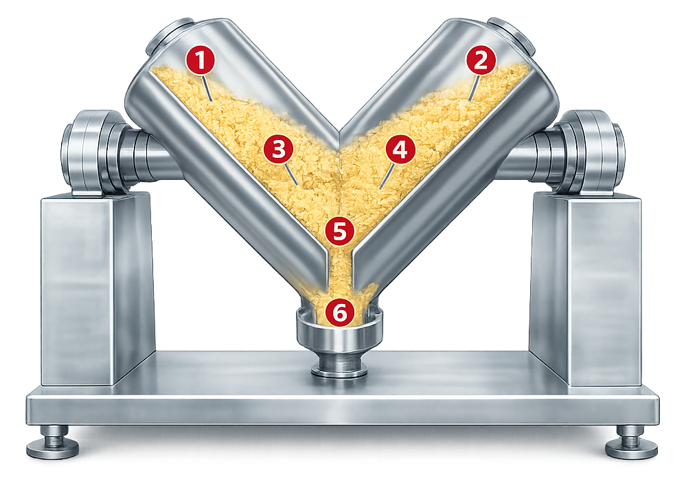 Cross-section of a pharmaceutical V-blender showing six conceptual blend-uniformity sampling locations.