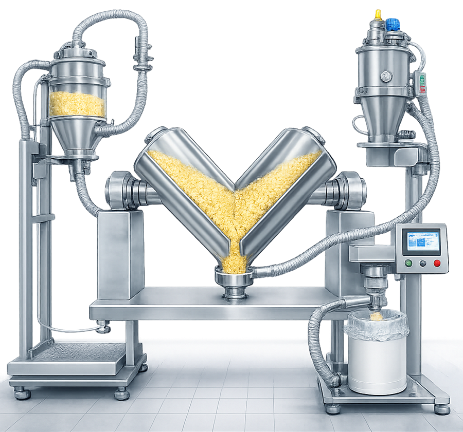 Integrated pharmaceutical blending system showing vacuum powder charging, V-blender, controls, and contained discharge to a receiving container.
