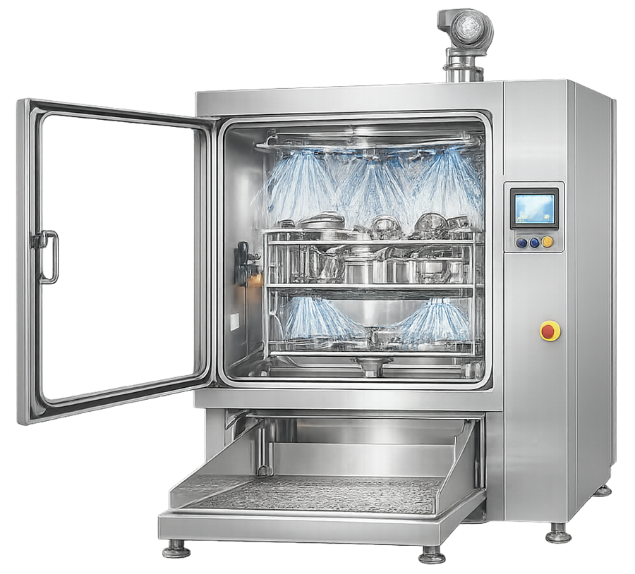 Stainless-steel pharmaceutical cabinet parts washer with loading rack and automated controls