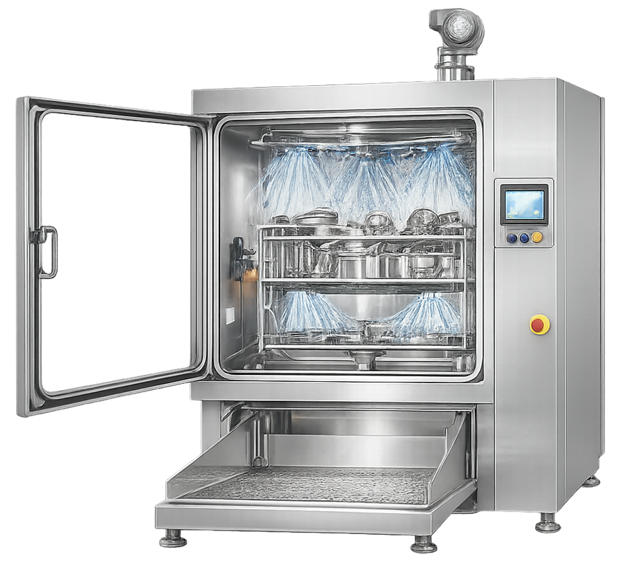 Stainless steel cabinet parts washer used in pharmaceutical manufacturing for automated cleaning of equipment parts and utensils.