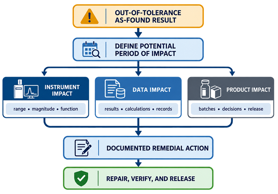 Calibration failure assessment covering the potential period of impact, instrument impact, data impact, product impact, remedial action, verification, and documented release.
