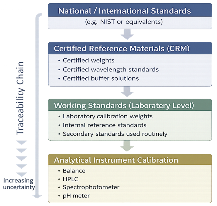 This hierarchy ensures that all analytical measurements are linked to a common reference framework, providing consistency, comparability, and regulatory defensibility. The diagram also emphasizes that each level in the hierarchy introduces defined uncertainty, which must be controlled and documented to maintain overall measurement reliability.