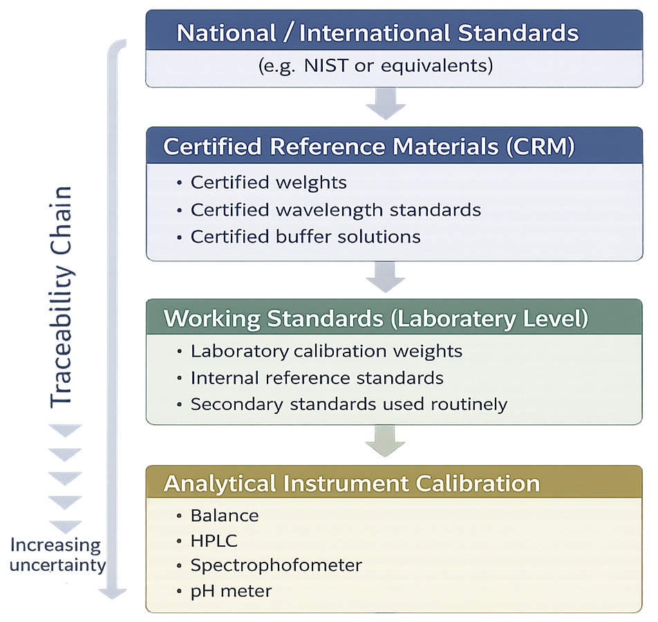 This hierarchy ensures that all analytical measurements are linked to a common reference framework, providing consistency, comparability, and regulatory defensibility. The diagram also emphasizes that each level in the hierarchy introduces defined uncertainty, which must be controlled and documented to maintain overall measurement reliability.