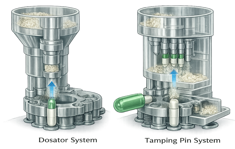 Comparison of dosator and tamping-pin capsule dosing systems used to form and transfer powder plugs into capsule bodies.