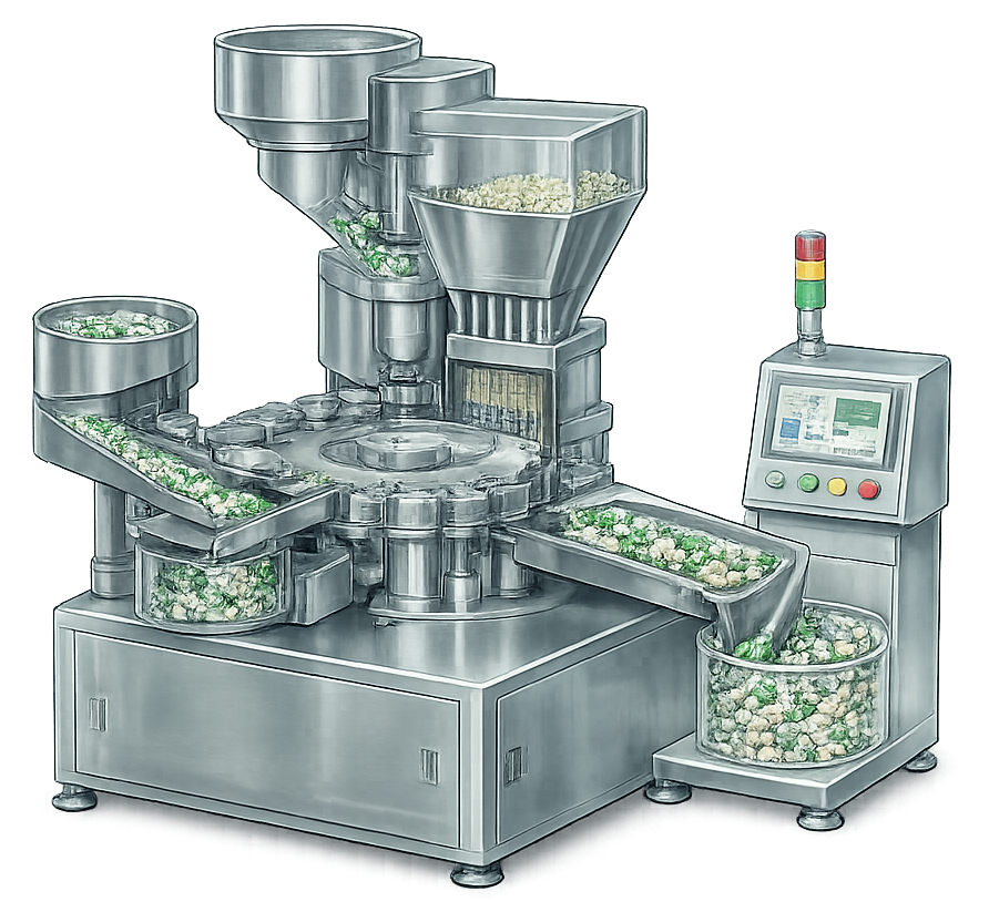 Automatic pharmaceutical capsule-filling machine with capsule hopper, product hopper, rotary stations, discharge, and control panel.