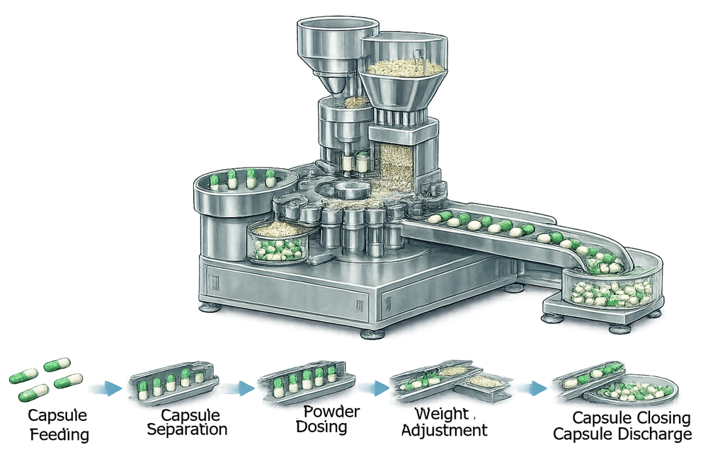 Capsule-filling sequence showing capsule feeding, separation, powder dosing, weight adjustment, closing, and discharge.