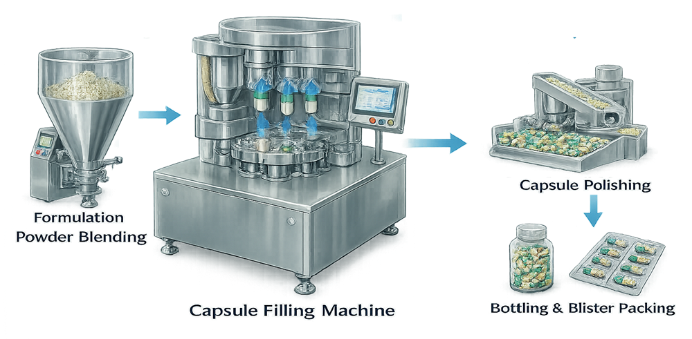 Pharmaceutical capsule manufacturing sequence showing powder blending, capsule filling, polishing, and bottling or blister packaging.