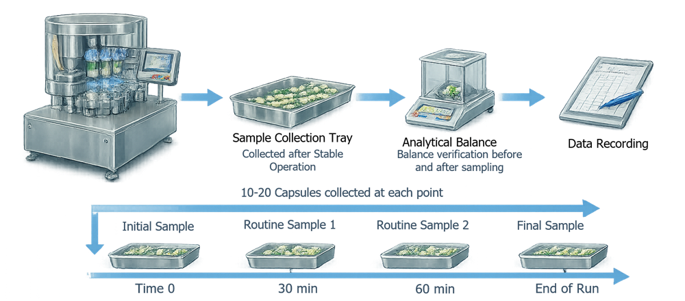 Conceptual capsule-filling PPQ sampling timeline showing startup, periodic, and end-of-run capsule weight measurements.