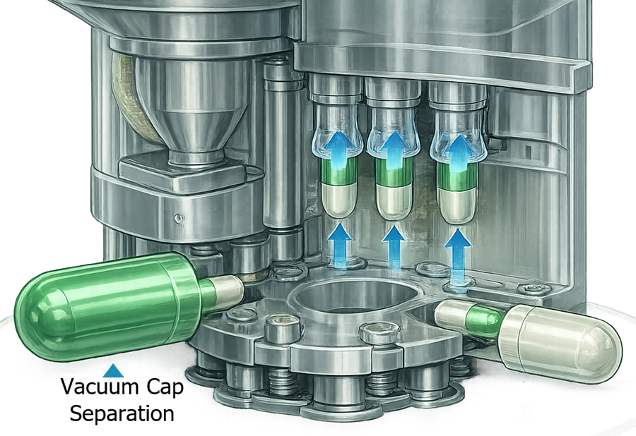 Automatic capsule-filling separation station showing vacuum lifting capsule caps while bodies remain in lower segment pockets.