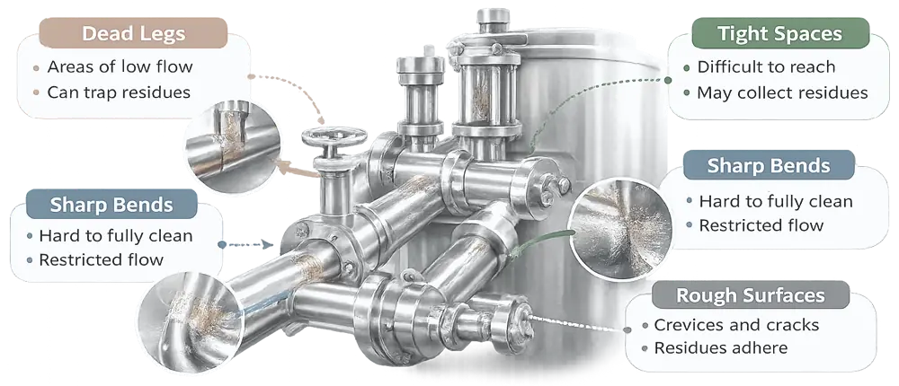Equipment geometries that complicate automated cleaning, including crevices, threaded parts, recessed surfaces, and hollow assemblies.