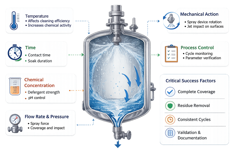 CIP cleaning parameters including flow, pressure, temperature, concentration, and time