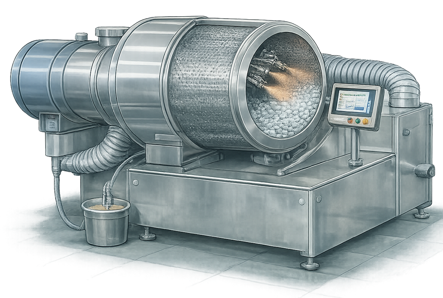 Pharmaceutical perforated pan coater showing rotating drum, tablet bed, spray guns, process-air system, exhaust, and controls.