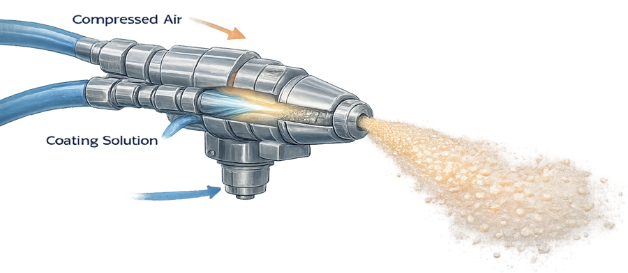 Pharmaceutical coating spray nozzle showing liquid supply, atomization air, pattern air, and spray droplets directed toward the tablet bed.