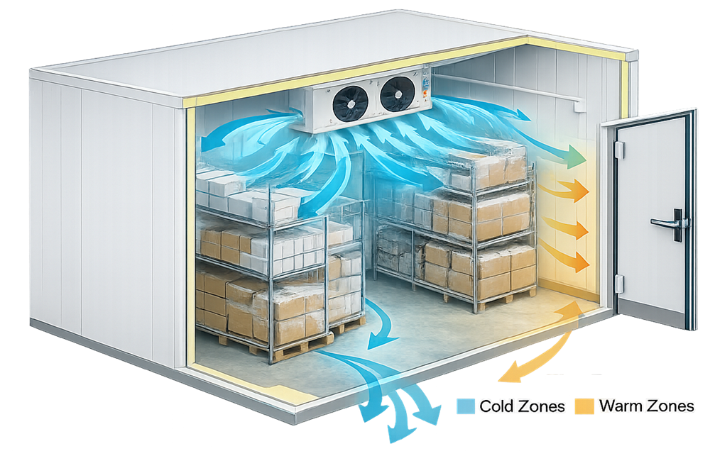 Cold-room airflow circulating from evaporators around shelving, pallet racks, stored materials, doors, and return-air pathways.