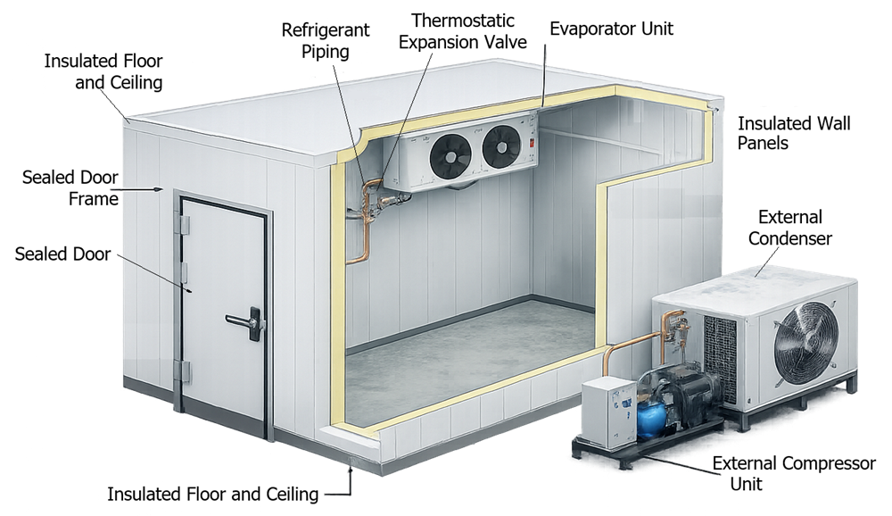 Cold-room construction showing insulated panels, sealed joints, vapor barrier, floor, door, penetrations, evaporator, and external refrigeration equipment.
