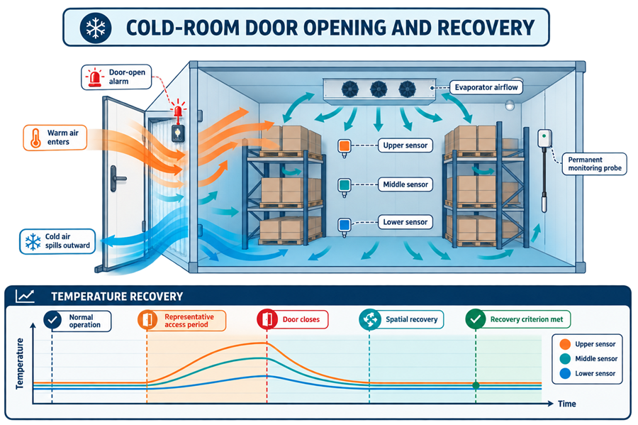Cold-room door-opening challenge showing bidirectional air exchange, spatial temperature response, alarm behavior, and recovery after closure.