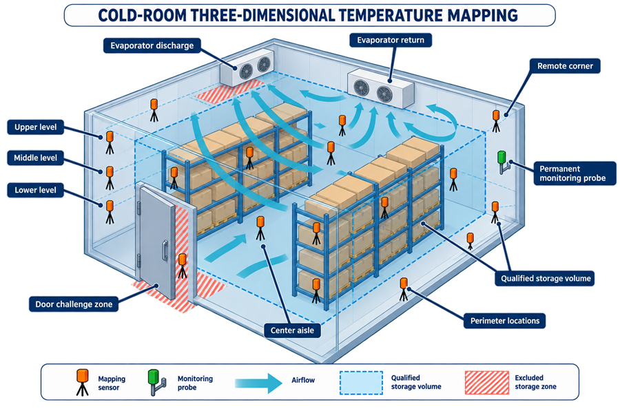 Three-dimensional cold-room mapping layout with sensors across horizontal locations, vertical storage levels, doors, evaporators, racks, and perimeter zones.