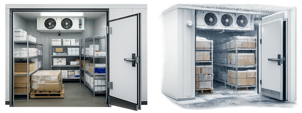Pharmaceutical cold room and walk-in freezer installations with insulated enclosures, refrigeration equipment, doors, shelving, and pallet storage.