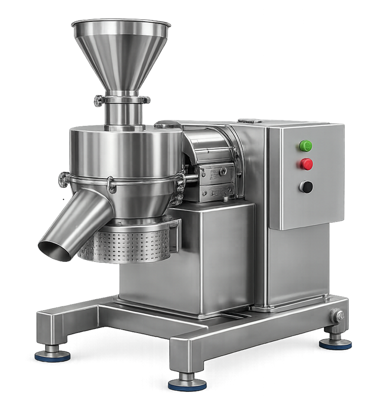 Stainless-steel pharmaceutical comminuting mill with feed hopper, enclosed rotor chamber, screen, drive, and control panel