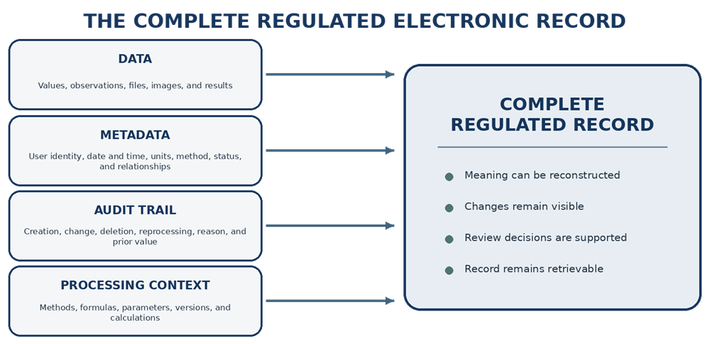 Complete regulated electronic record composed of data, metadata, audit trail information, and processing context.