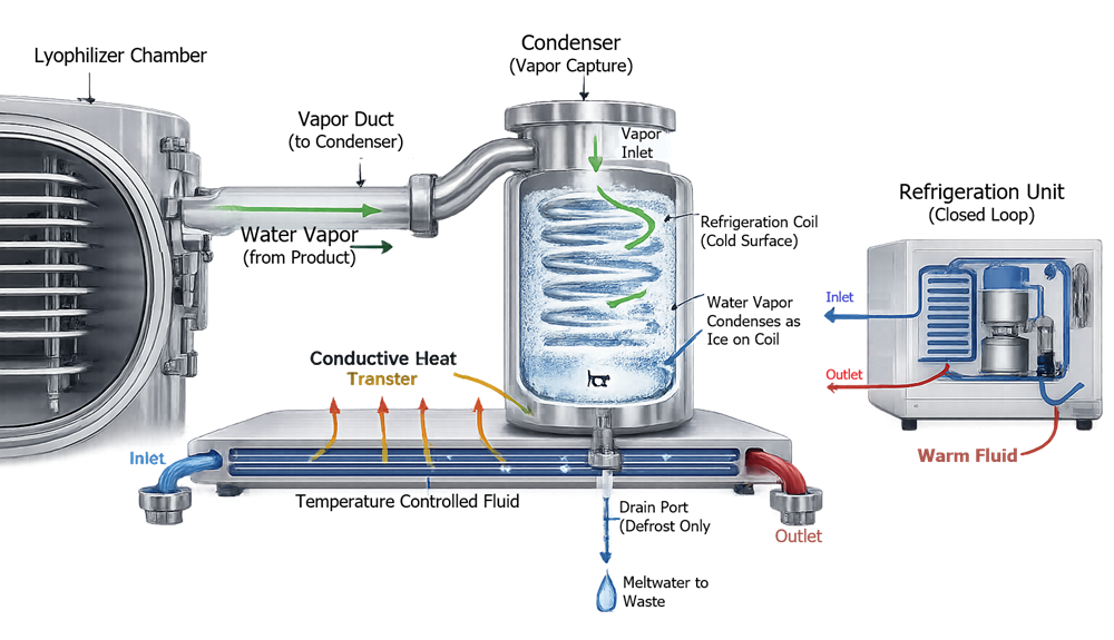 Lyophilizer vapor-flow diagram showing water vapor moving from the product chamber and depositing as ice on the condenser.