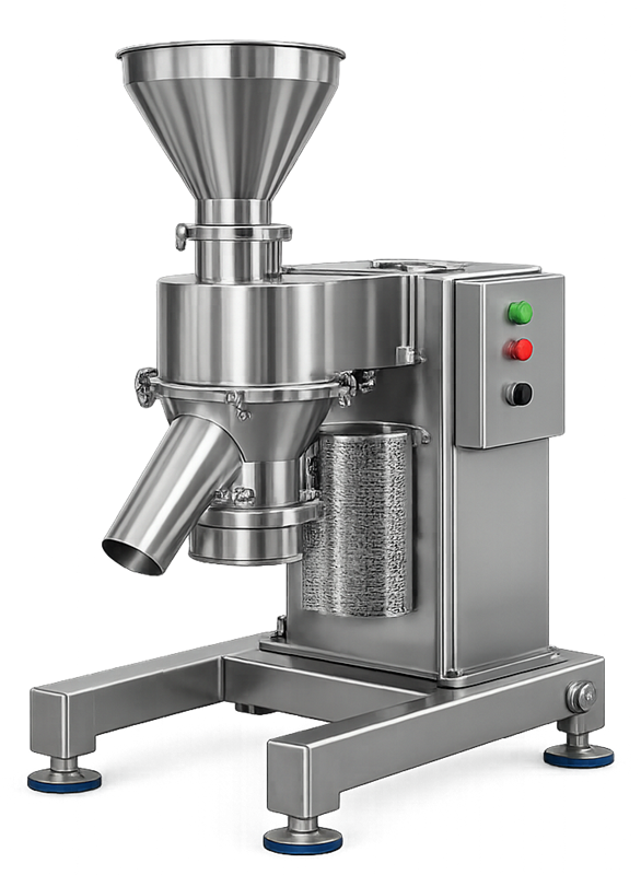 Stainless-steel pharmaceutical cone mill with feed hopper, enclosed milling chamber, drive assembly, and discharge outlet