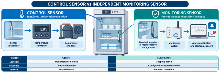 Comparison of a temperature-control sensor regulating refrigeration equipment with an independent monitoring sensor recording conditions and generating alarms.