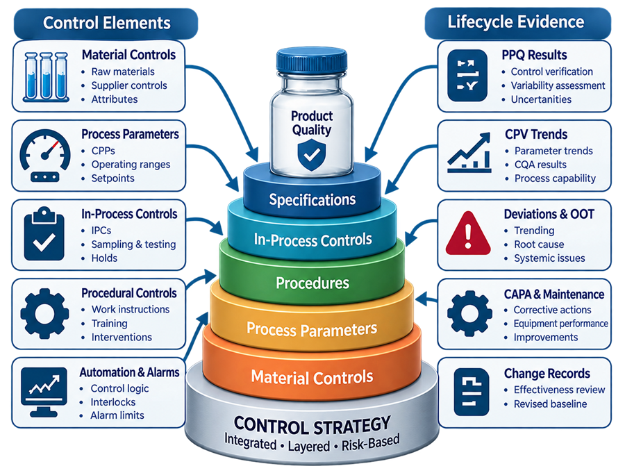 Process control strategy lifecycle model showing material controls, process parameters, procedures, automation, in-process controls, and specifications supported by PPQ and CPV evidence.