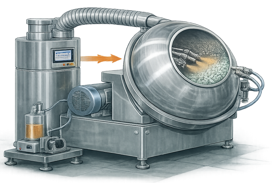 Conventional pharmaceutical coating pan showing solid rotating drum, spray guns, tablet bed, and external drying-air supply.