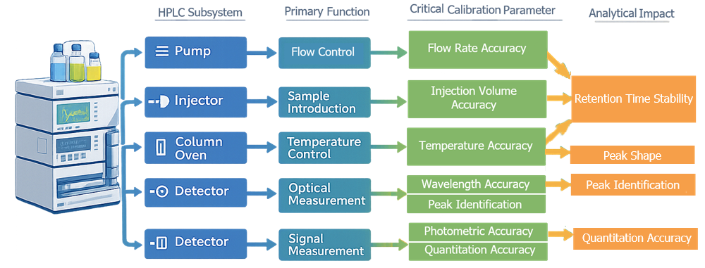 Diagram showing analytical instrument subsystems mapped to their functions, which define critical calibration parameters that collectively impact analytical results such as retention time stability, peak identification, and quantitation accuracy.