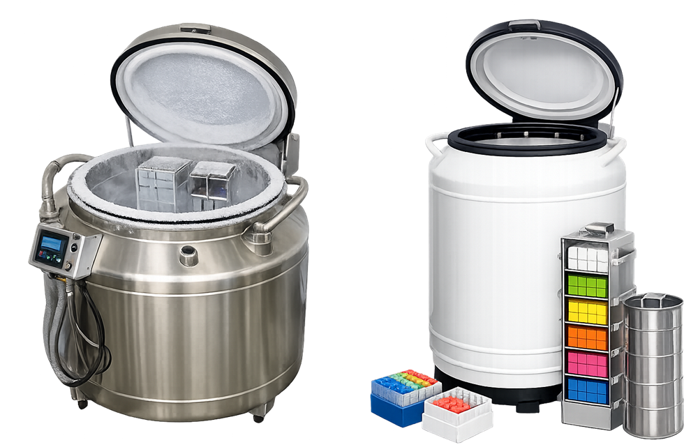 Liquid nitrogen cryogenic storage vessels with open lids, racks, and sample canisters.