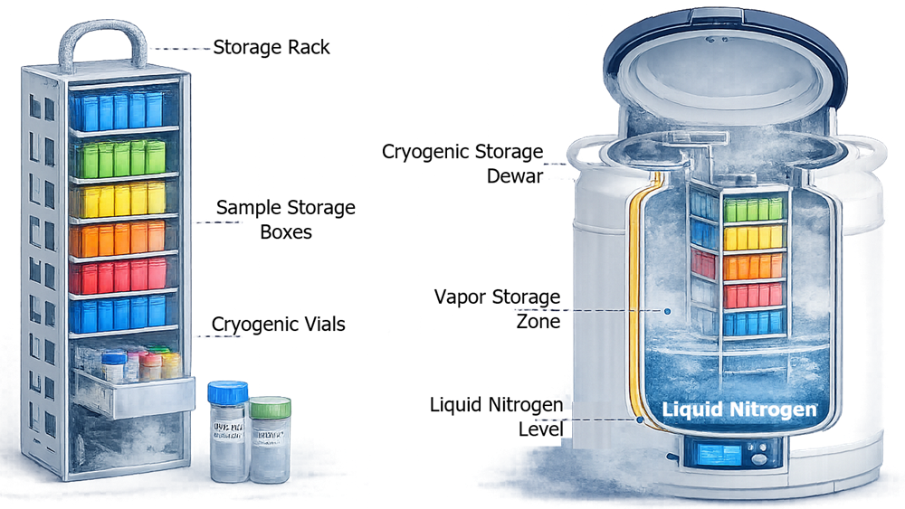 Cryogenic rack containing vertically arranged sample boxes for organized storage and retrieval.