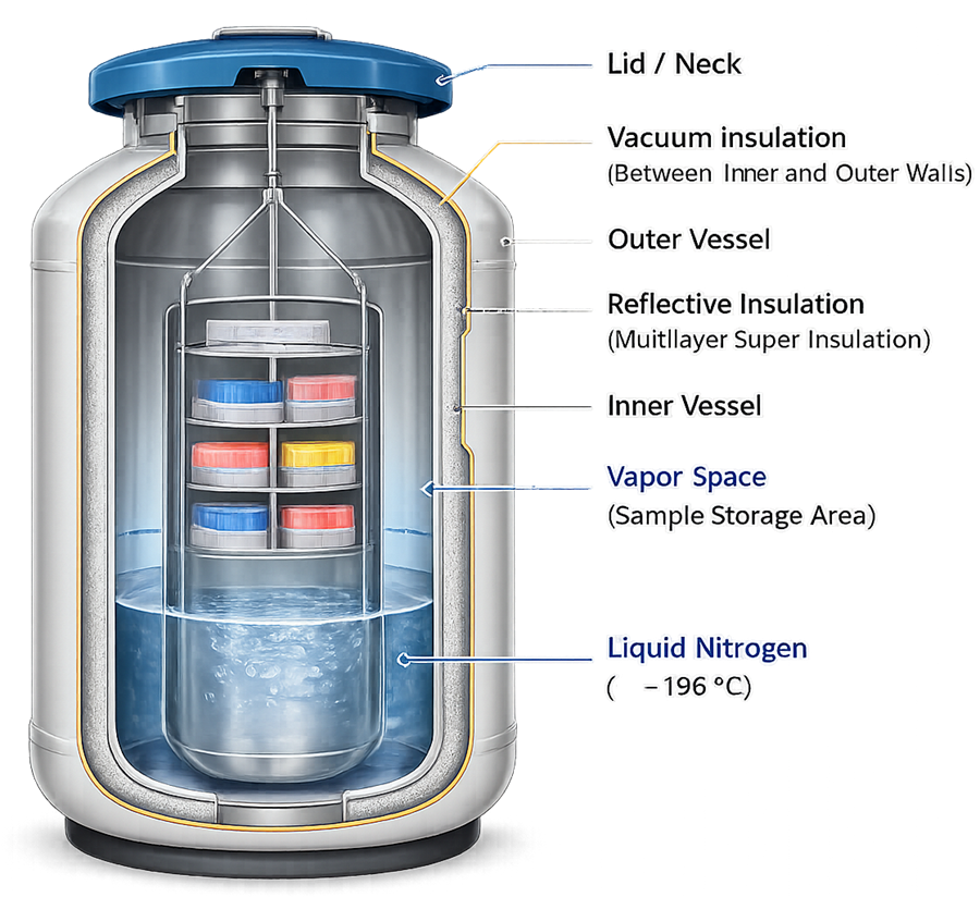 Cross-section of a liquid nitrogen vessel showing inner shell, outer shell, vacuum insulation, neck, racks, and liquid region.