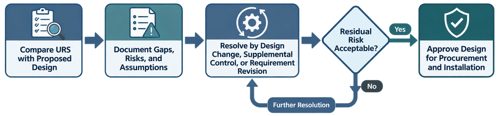Design Qualification gap-resolution process comparing the URS with the proposed design, documenting gaps and risks, resolving deficiencies, assessing residual risk, and approving procurement and installation.