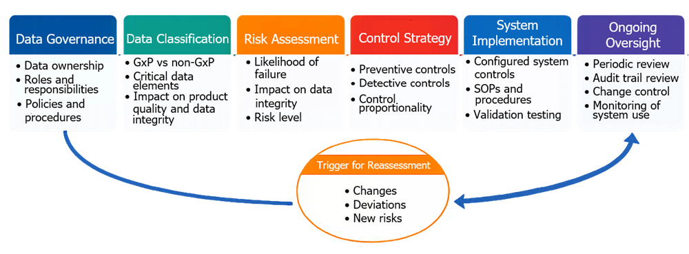 Linear flow diagram showing data governance, data classification, risk assessment, control strategy, system implementation, and ongoing oversight, with a feedback loop for changes, deviations, and new risks triggering reassessment
