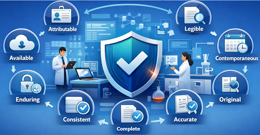 Data integrity control model showing protection of raw data, audit trail capture, and traceability