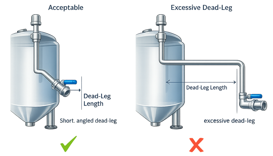 Acceptable and excessive dead-leg configurations on pharmaceutical vessel piping