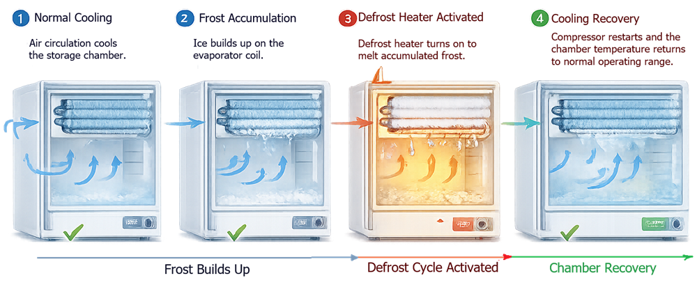 Freezer defrost sequence showing frost accumulation, defrost operation, temporary temperature change, and cooling recovery.