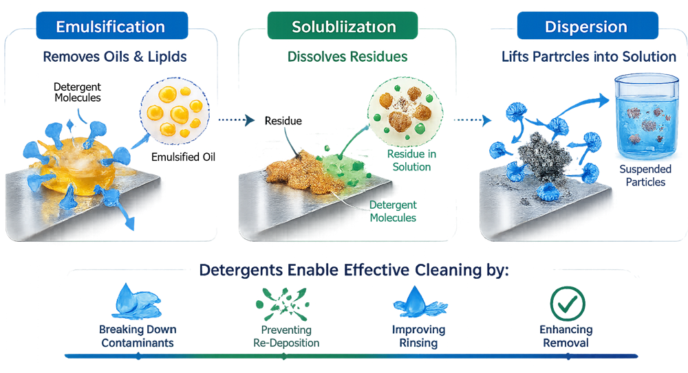 Diagram showing detergent molecules interacting with oils, residues, and particles to enable removal during washing.