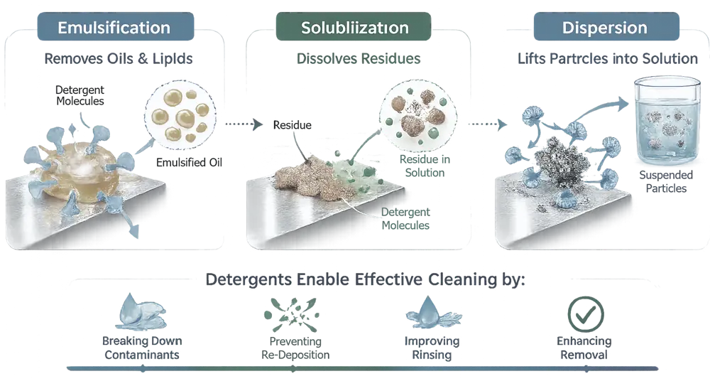 Detergent mechanisms showing solubilization, emulsification, and dispersion of residues during automated washing.