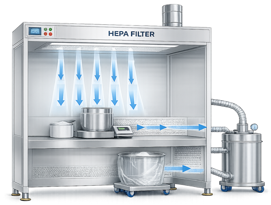 Directional airflow and dust capture inside a pharmaceutical dispensing booth.