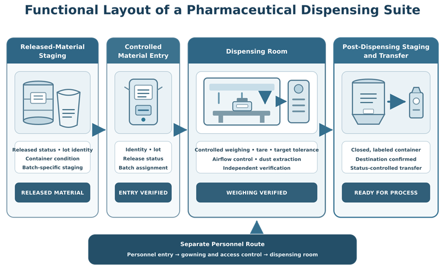 Pharmaceutical dispensing suite showing material staging, weighing booth, dust-control interface, and transfer to downstream manufacturing.