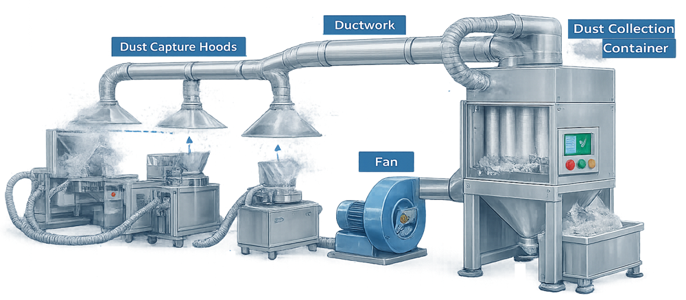 Pharmaceutical dust collection architecture showing source capture, ductwork, filter housing, extraction fan, clean-air discharge, and collected-dust container.