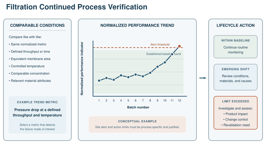 Continued process verification model showing normalized filtration trends, comparable batch conditions, alert evaluation, investigation, and lifecycle action.