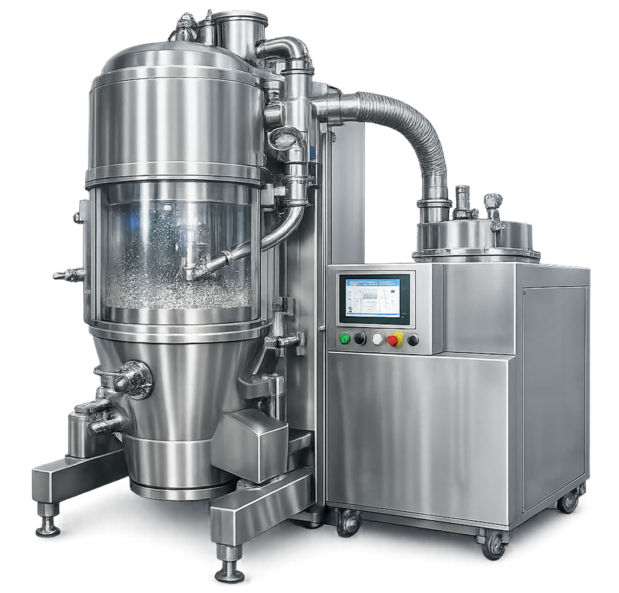 Pharmaceutical fluid-bed coating system showing bottom-spray Wurster partition, circulating particles, spray nozzle, and process airflow.