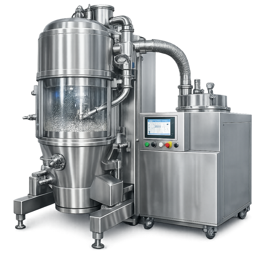 Fluid bed coating system showing Wurster bottom-spray configuration used for coating pellets and multiparticulate dosage forms.